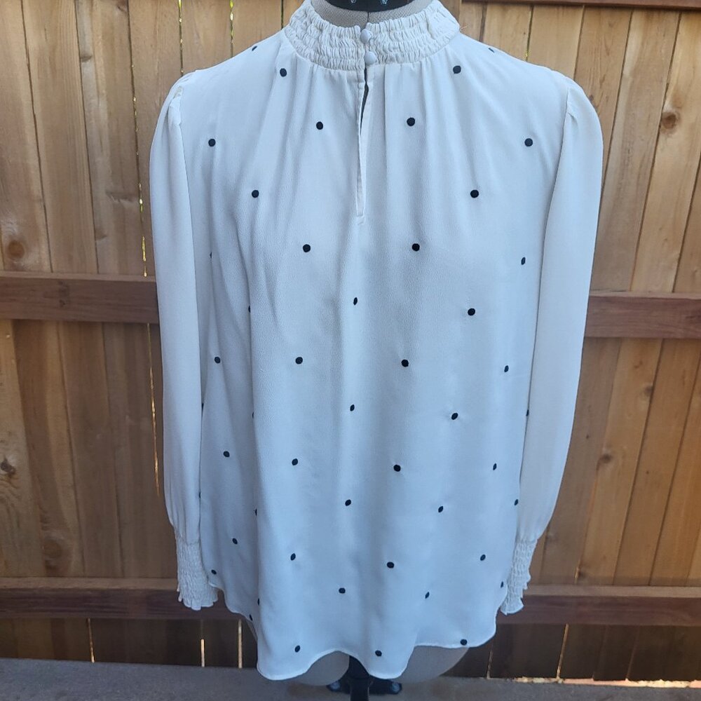 Ann Taylor women's smocked keyhole neck long sleeve ivory and black polka dot S